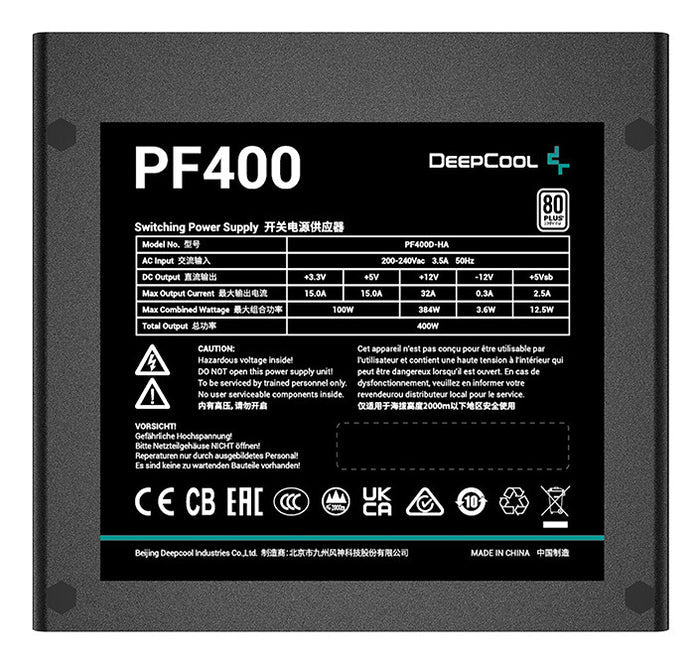 DeepCool PF400 80 PLUS Standard Power Supply 400W, Silent Hydraulic Bearing Fan, Reliable Protection, Flat Black Cables, 85% Efficiency