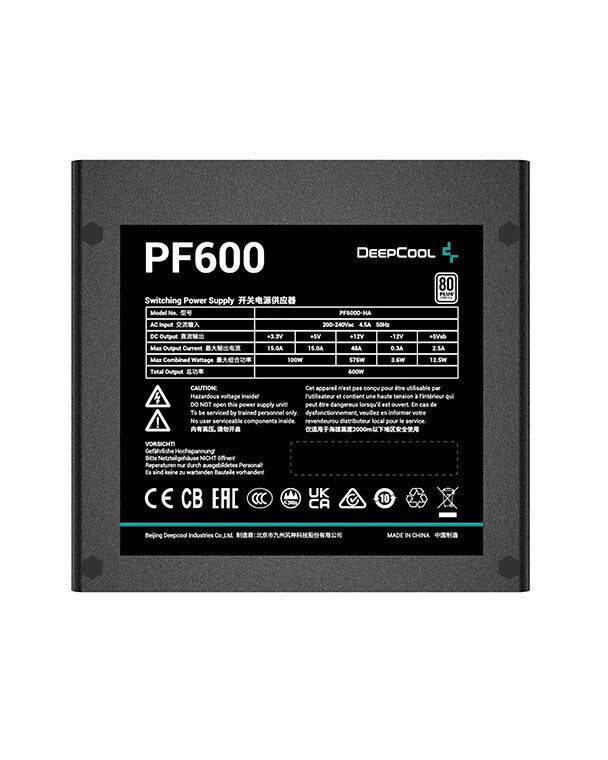 DeepCool PF600 600W PSU, 120mm Silent Hydraulic Bearing Fan, 80 PLUS White, Non Modular, UK Plug, Flat Black Cables, Efficient & Affordable